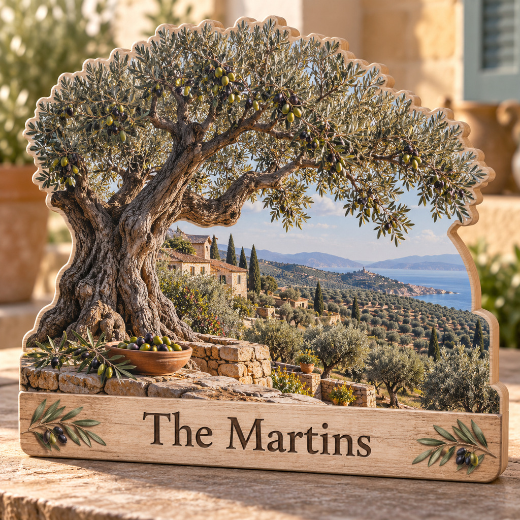 Olive Grove Stone Terrace Personalized Wooden Block; example personalization The Martins