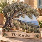 Olive Grove Stone Terrace Personalized Wooden Block; example personalization The Martins