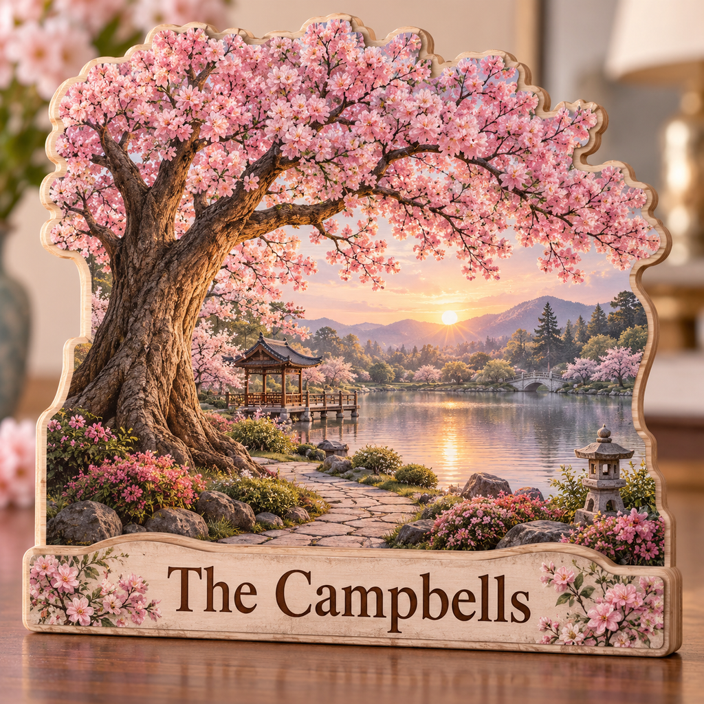 Cherry Blossom Curved Path Pavilion Personalized Wooden Block; example personalization The Campbells
