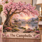 Cherry Blossom Curved Path Pavilion Personalized Wooden Block; example personalization The Campbells