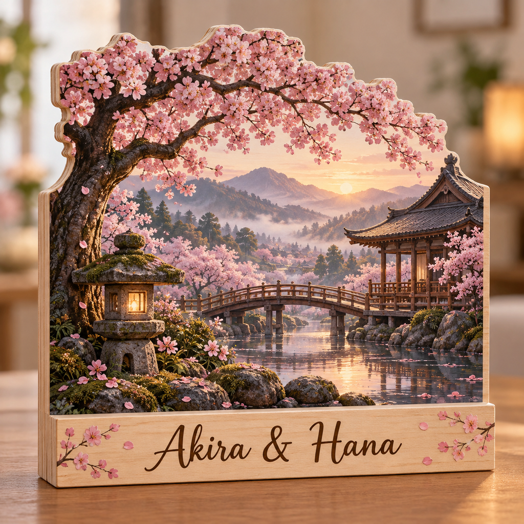 Cherry Blossom River Lantern Walk Personalized Wooden Block; example personalization Akira & Hana