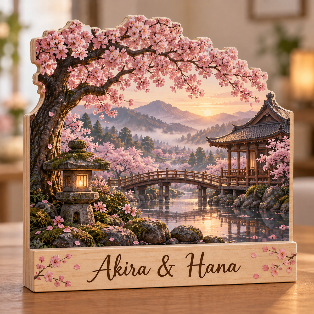 Cherry Blossom River Lantern Walk Personalized Wooden Block; example personalization Akira & Hana