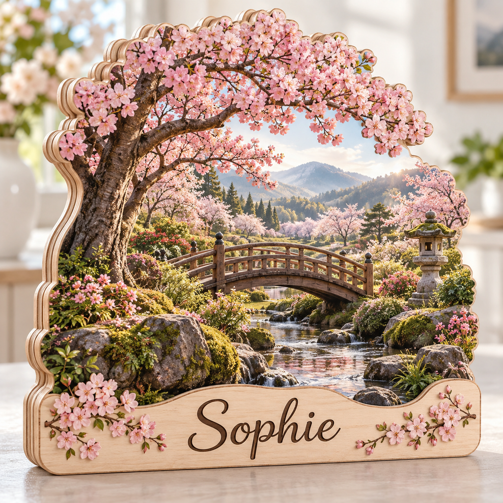 Cherry Blossom Garden Bridge Personalized Wooden Block; example personalization Sophie