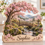Cherry Blossom Garden Bridge Personalized Wooden Block; example personalization Sophie