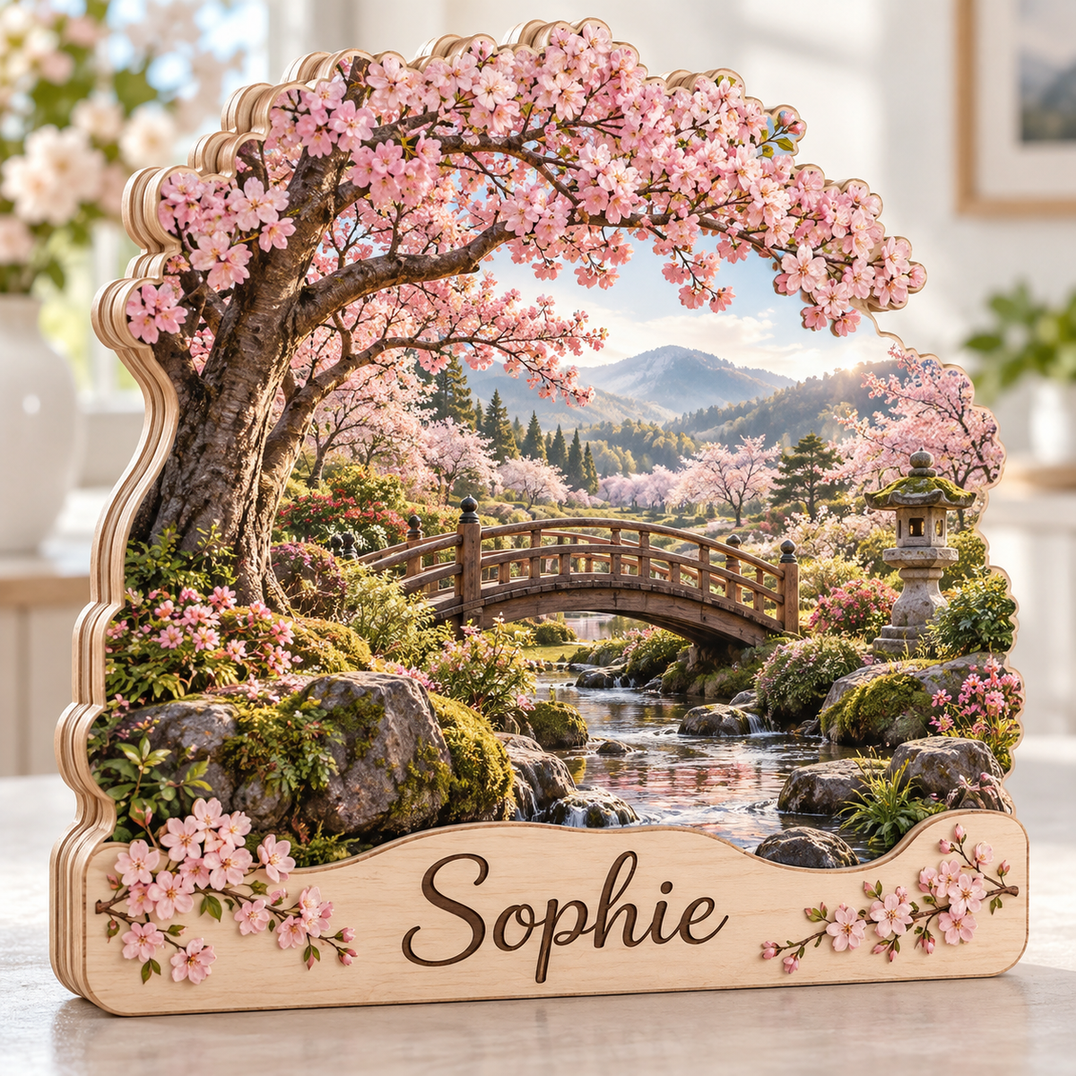 Cherry Blossom Garden Bridge Personalized Wooden Block; example personalization Sophie