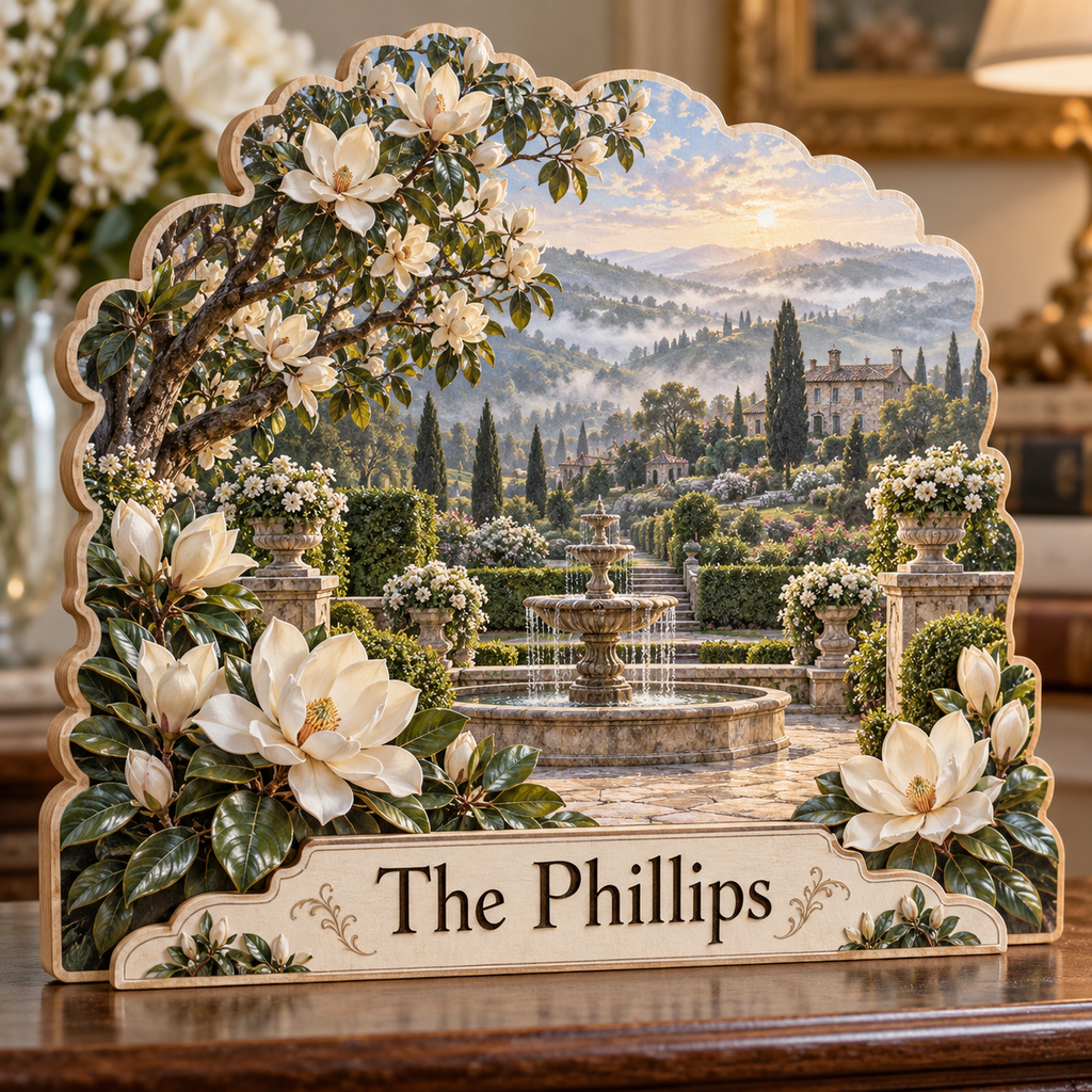 Magnolia Manor Courtyard Fountain Personalized Wooden Block; example personalization The Phillips