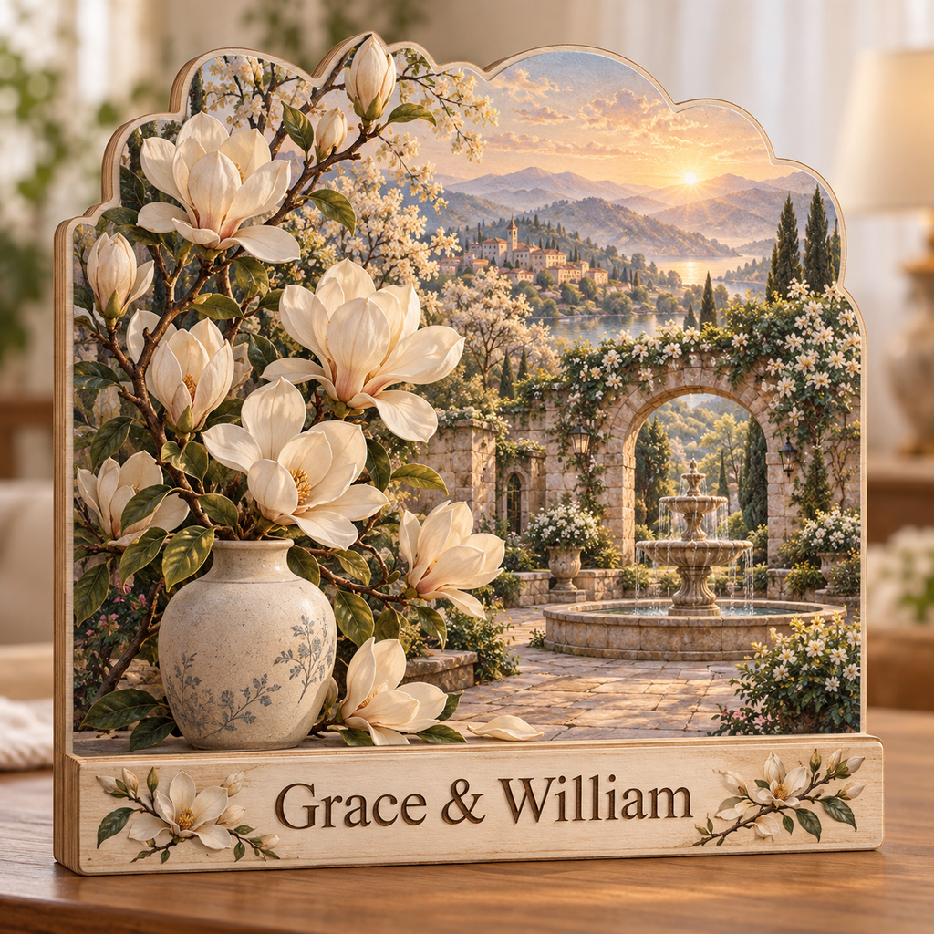 Magnolia Stone Fountain Arch Personalized Wooden Block; example personalization Grace & William