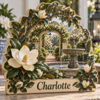 Magnolia Courtyard Fountain Personalized Wooden Block; example personalization Charlotte