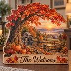 Maple Tree Autumn Mill Pond Personalized Wooden Block; example personalization The Watsons