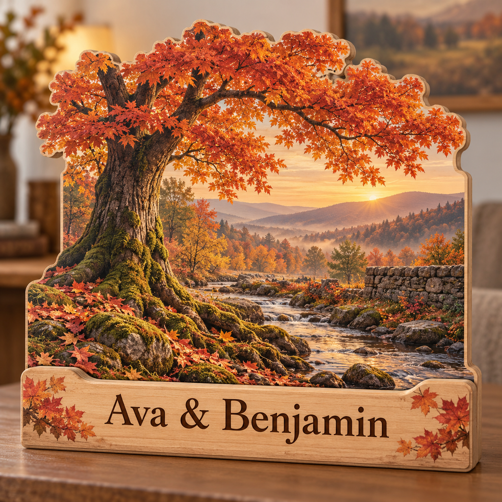 Maple Tree Copper Creek Bend Personalized Wooden Block; example personalization Ava & Benjamin