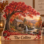Maple Tree Autumn Stone Mill Personalized Wooden Block; example personalization The Collins