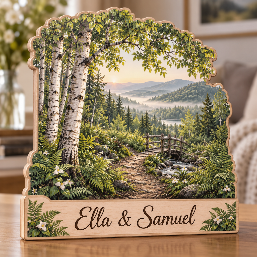 Birch Grove Fern Valley Trail Personalized Wooden Block; example personalization Ella & Samuel