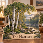 Birch Grove Riverside Trail Personalized Wooden Block; example personalization The Harrises