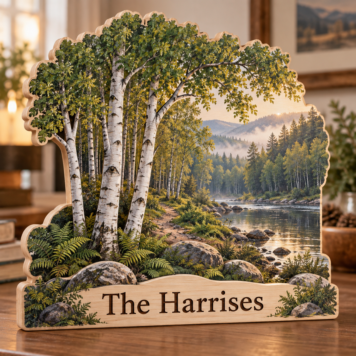 Birch Grove Riverside Trail Personalized Wooden Block; example personalization The Harrises