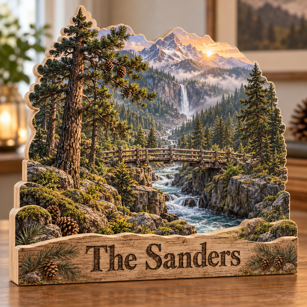 Pine Forest Canyon Footbridge Personalized Wooden Block; example personalization The Sanders