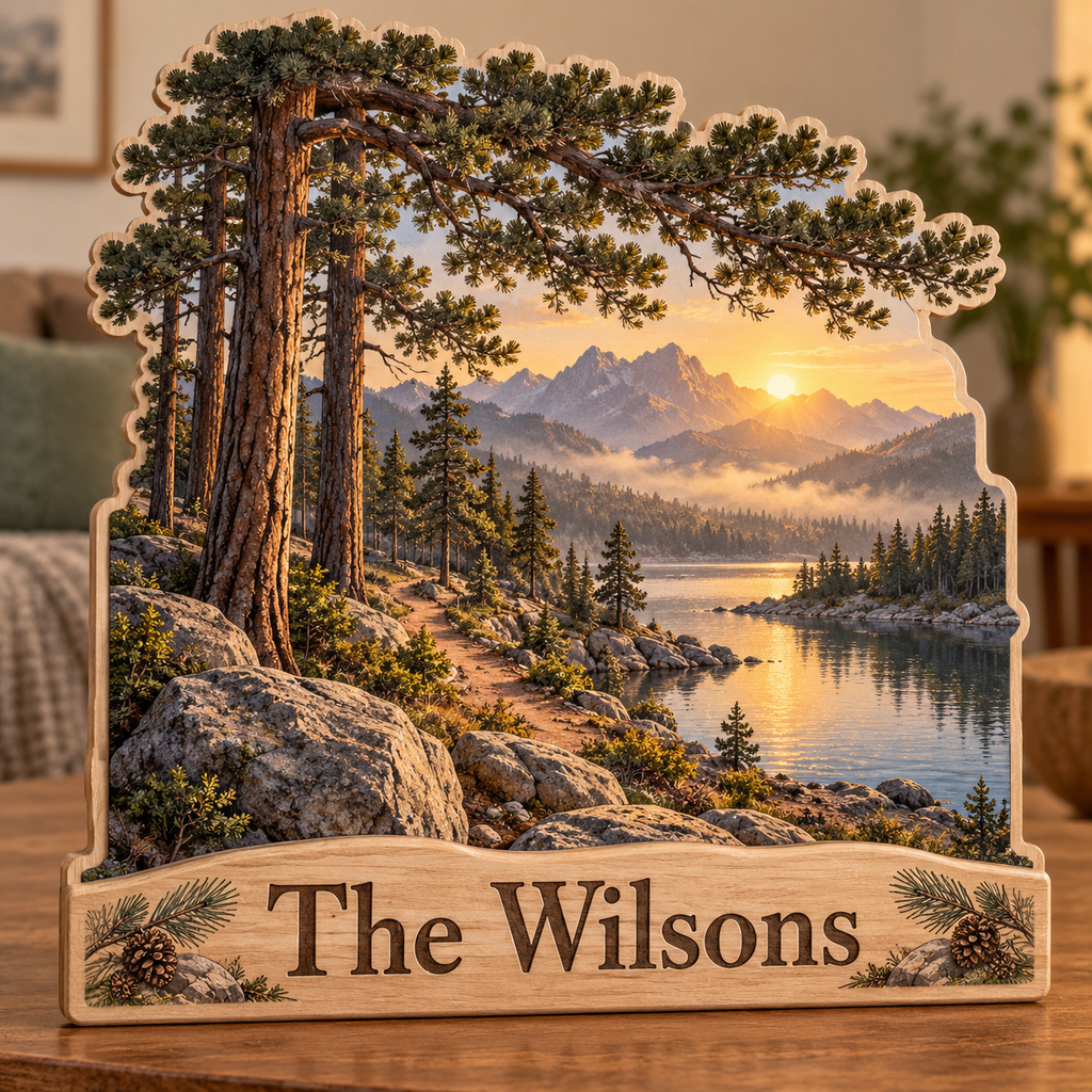 Pine Forest Granite Lake Trail Personalized Wooden Block; example personalization The Wilsons