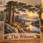 Pine Forest Granite Lake Trail Personalized Wooden Block; example personalization The Wilsons