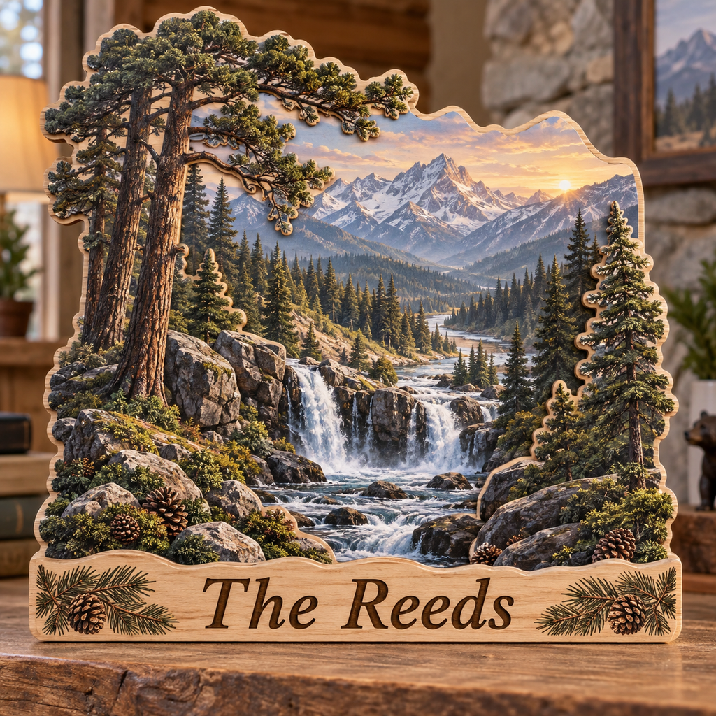 Pine Forest Alpine Waterfall Personalized Wooden Block; example personalization The Reeds