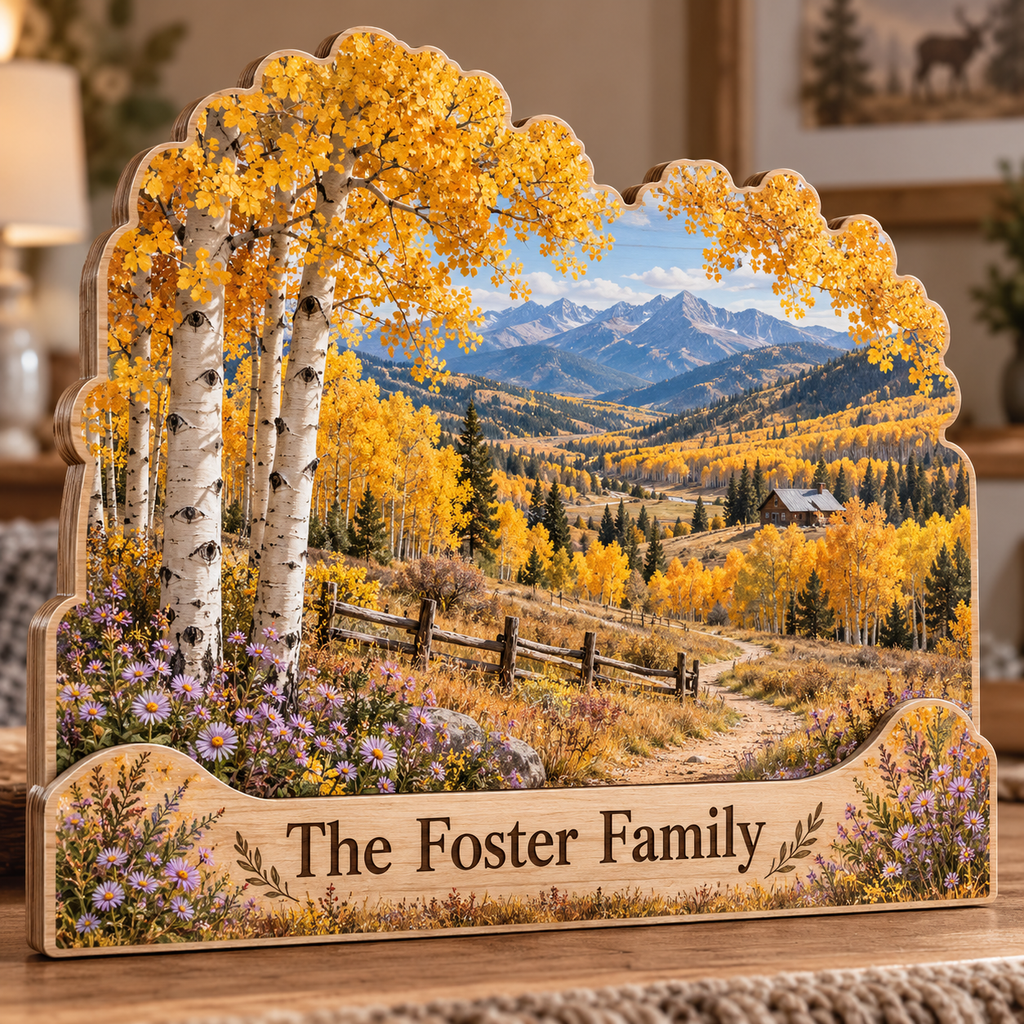 Aspen Grove Golden Meadow Trail Personalized Wooden Block; example personalization The Foster Family