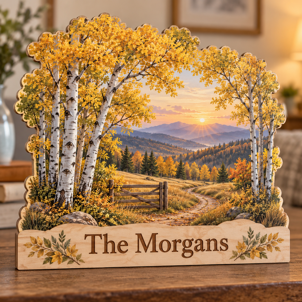 Aspen Grove Golden Meadow Gate Personalized Wooden Block; example personalization The Morgans