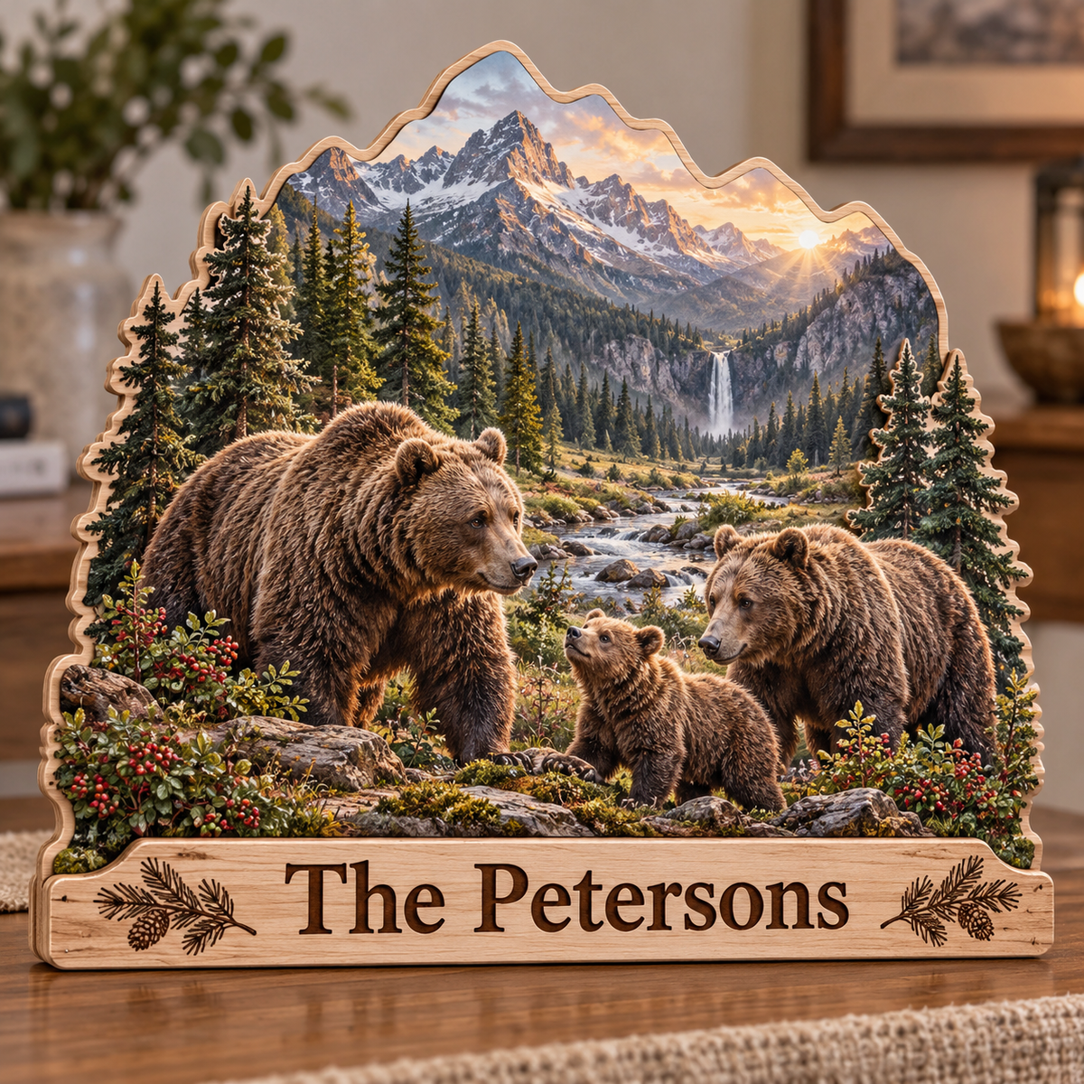 Bear Family Alpine Berry Creek Personalized Wooden Block; example personalization The Petersons