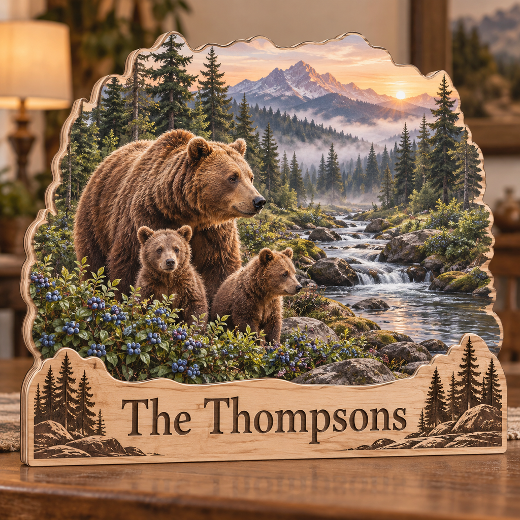 Bear Family Blueberry Creek Personalized Wooden Block; example personalization The Thompsons