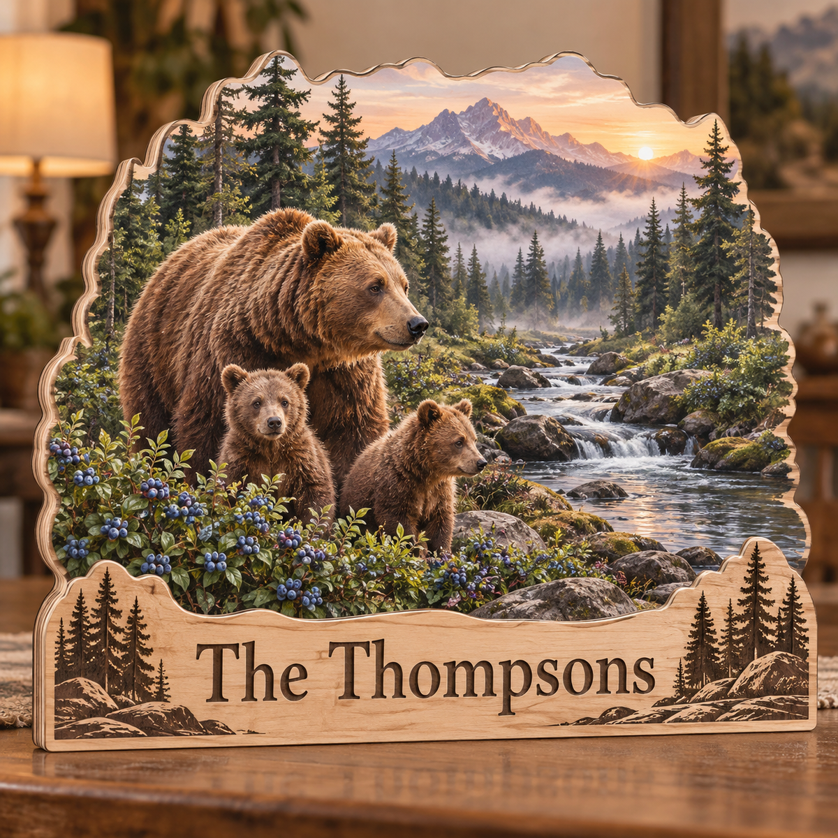 Bear Family Blueberry Creek Personalized Wooden Block; example personalization The Thompsons