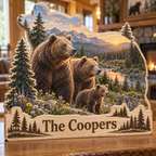 Bear Family River Meadow Personalized Wooden Block; example personalization The Coopers