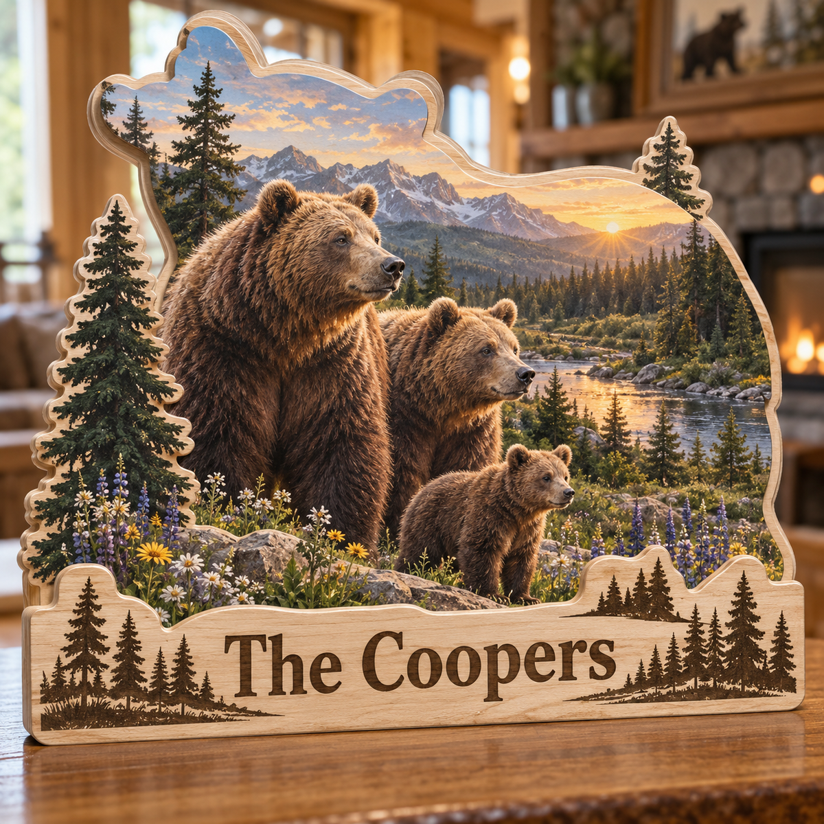 Bear Family River Meadow Personalized Wooden Block; example personalization The Coopers