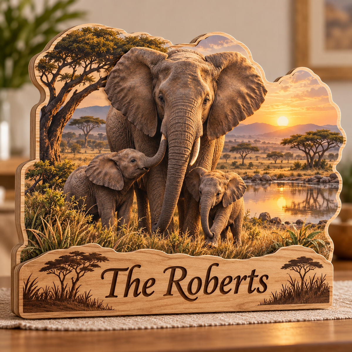 Elephant Family Dawn Acacia Pool Personalized Wooden Block; example personalization The Roberts