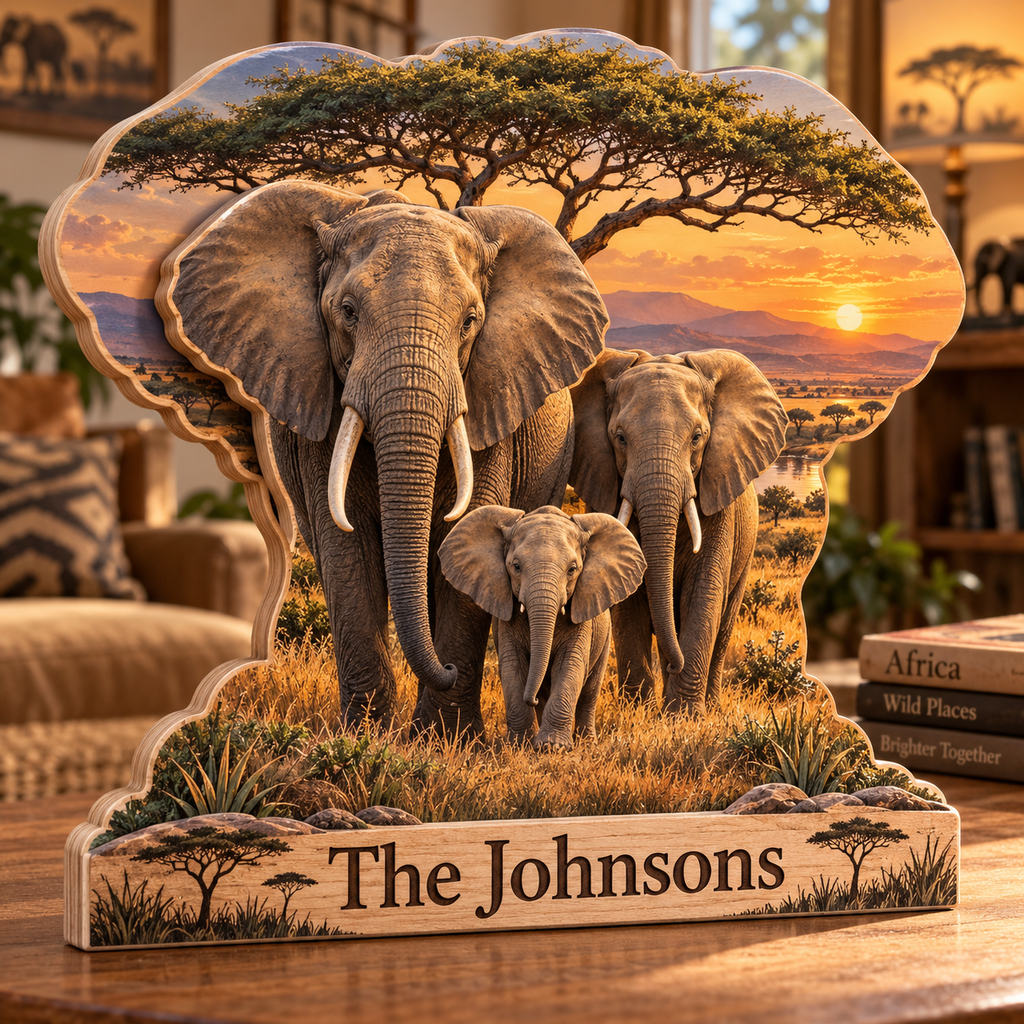 Elephant Savanna Family Personalized Wooden Block; example personalization The Johnsons