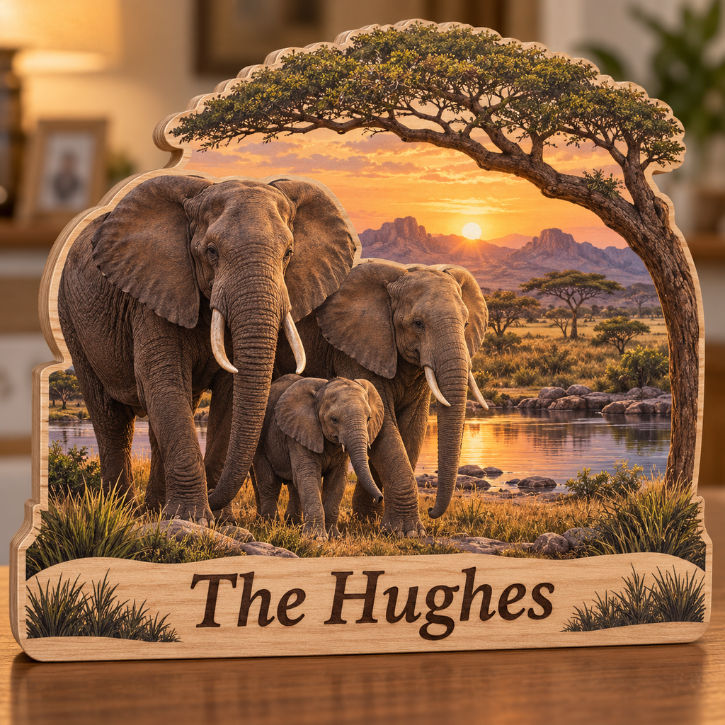 Elephant Family Sunset Oasis Personalized Wooden Block; example personalization The Hughes