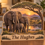 Elephant Family Sunset Oasis Personalized Wooden Block; example personalization The Hughes
