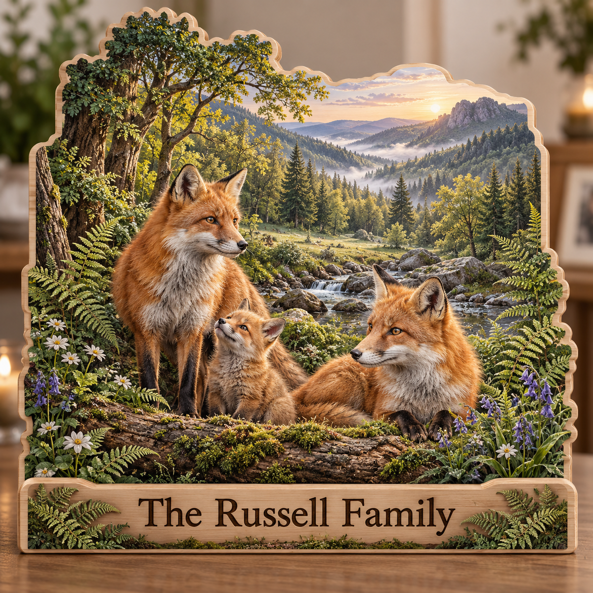 Fox Family Fern Hollow Stream Personalized Wooden Block; example personalization The Russell Family
