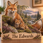 Fox Family Heather Birch Hollow Personalized Wooden Block; example personalization The Edwards