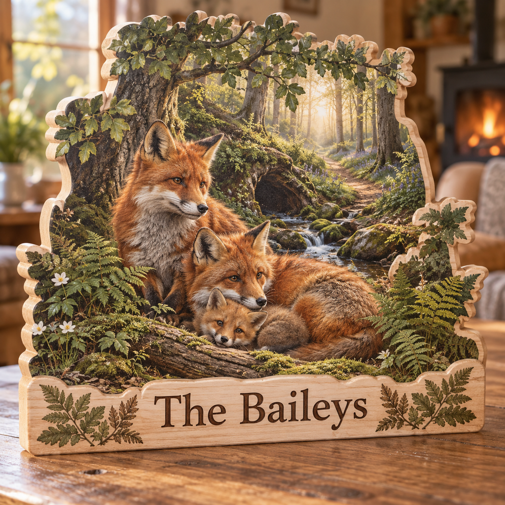 Fox Family Fern Hollow Personalized Wooden Block; example personalization The Baileys
