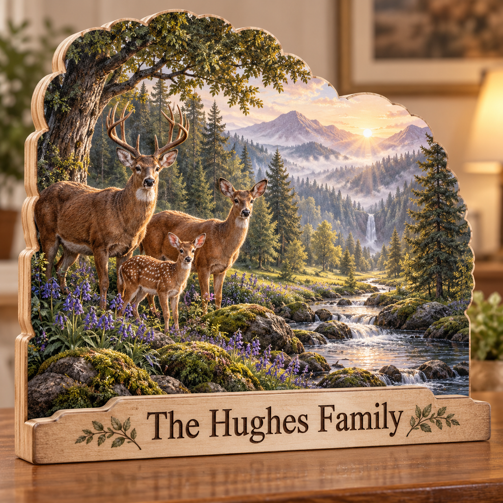 Deer Family Bluebell Forest Brook Personalized Wooden Block; example personalization The Hughes Family