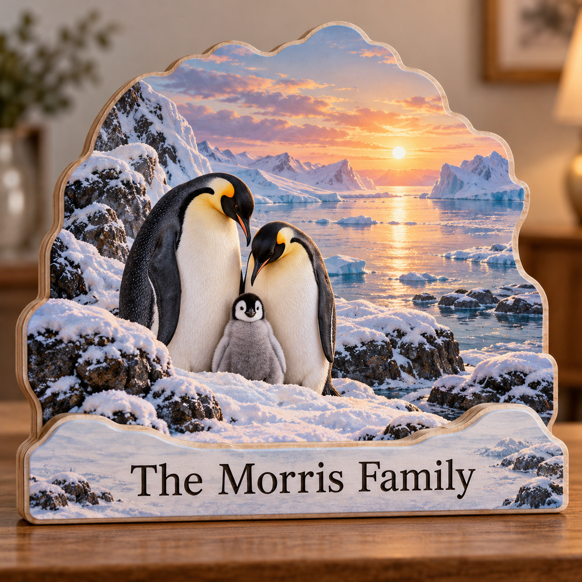 Penguin Family Ice Cove Sunrise Personalized Wooden Block; example personalization The Morris Family