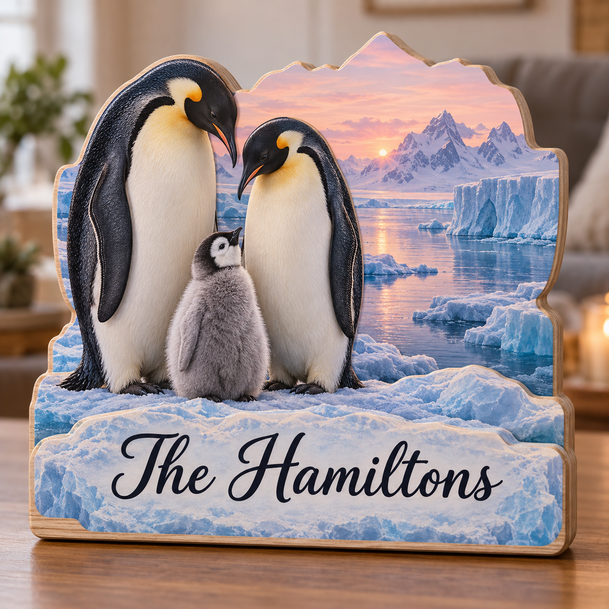 Penguin Family Polar Cove Personalized Wooden Block; example personalization The Hamiltons