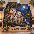 Owl Family Moonlit Oak Hollow Personalized Wooden Block; example personalization The Ward Family