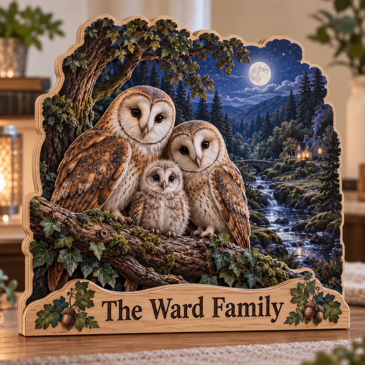 Owl Family Moonlit Oak Hollow Personalized Wooden Block; example personalization The Ward Family