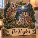 Owl Family Moonlit Cedar Hollow Personalized Wooden Block; example personalization The Hughes