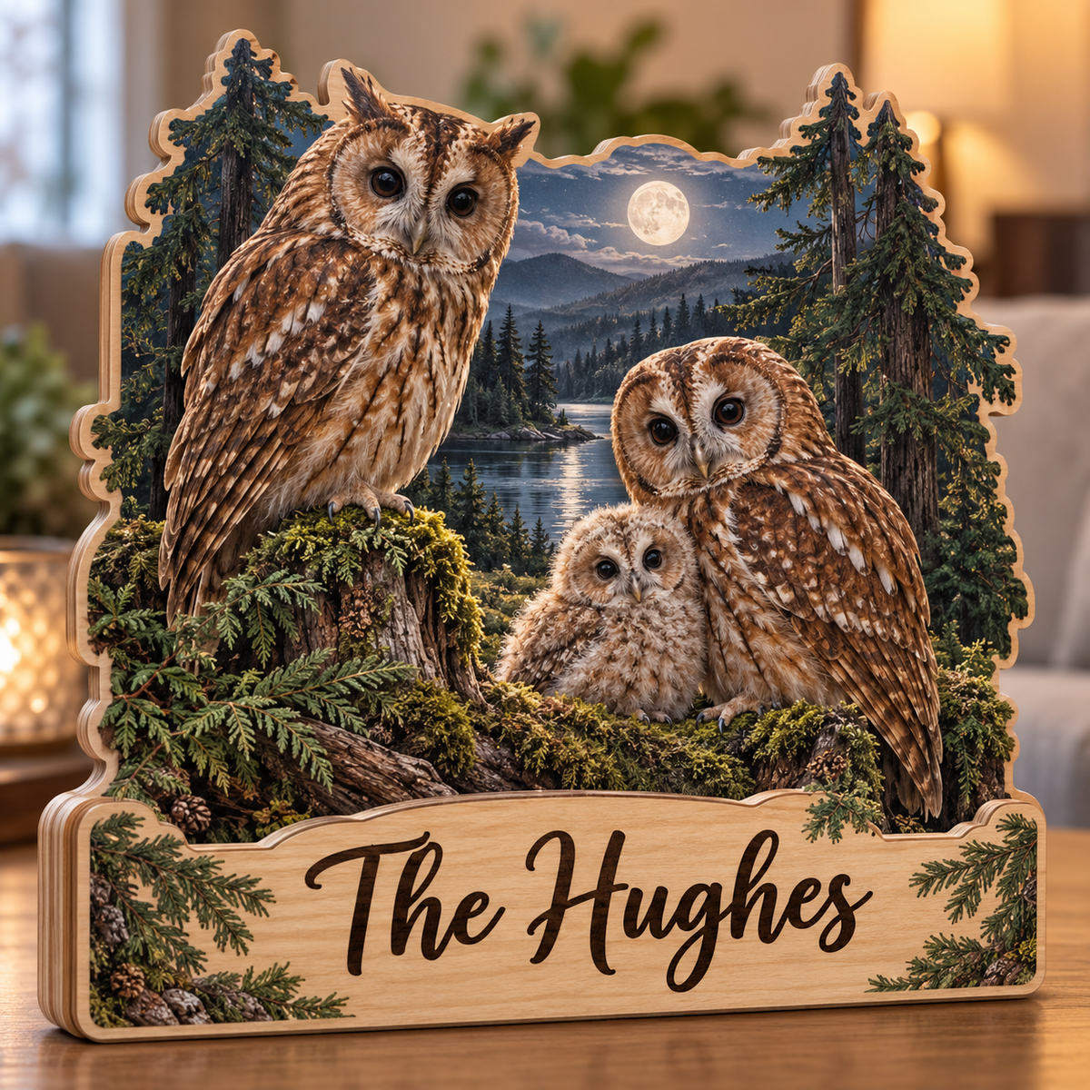 Owl Family Moonlit Cedar Hollow Personalized Wooden Block; example personalization The Hughes