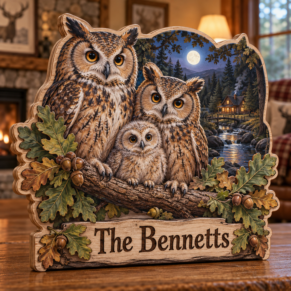 Moonlit Owl Family Personalized Wooden Block; example personalization The Bennetts