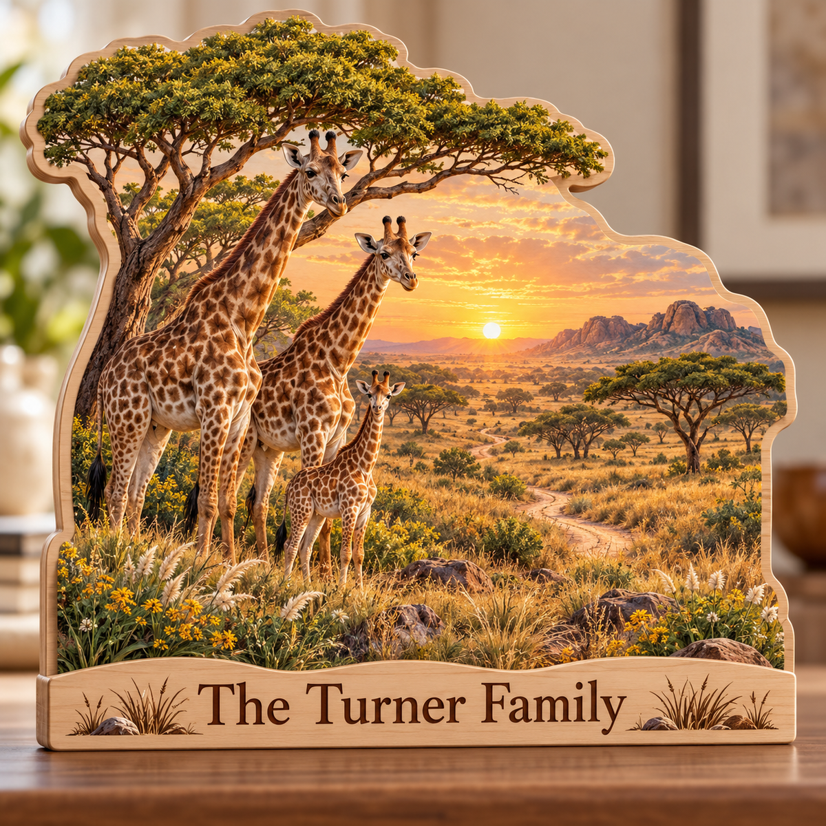 Giraffe Family Golden Acacia Trail Personalized Wooden Block; example personalization The Turner Family
