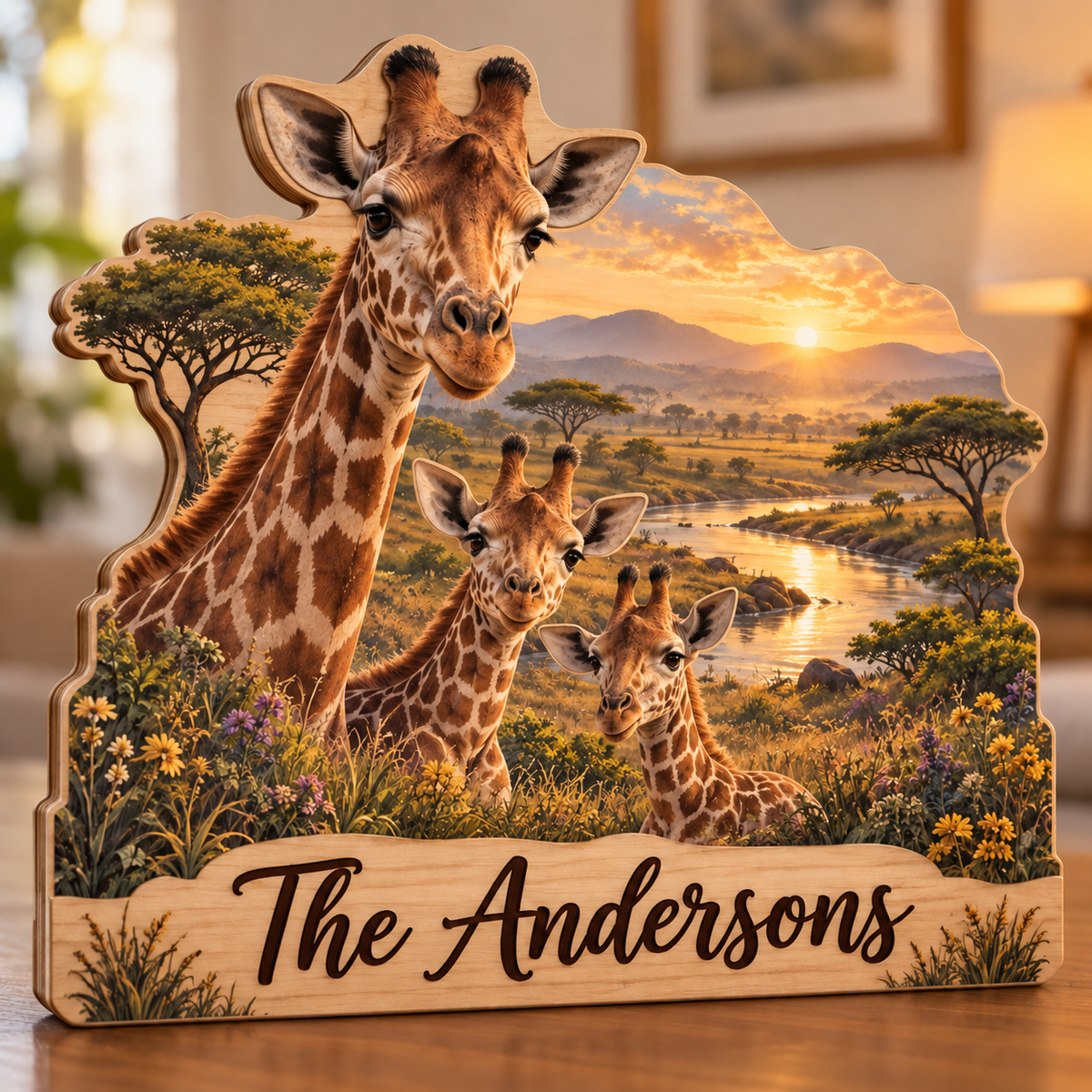 Giraffe Family Golden Riverbank Personalized Wooden Block; example personalization The Andersons