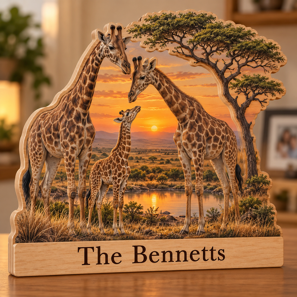 Giraffe Family Sunset Waterhole Personalized Wooden Block; example personalization The Bennetts