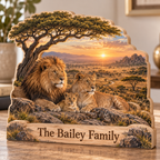 Lion Family Savanna Rock Outlook Personalized Wooden Block; example personalization The Bailey Family