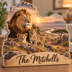 Lion Family Amber Kopje Personalized Wooden Block; example personalization The Mitchells