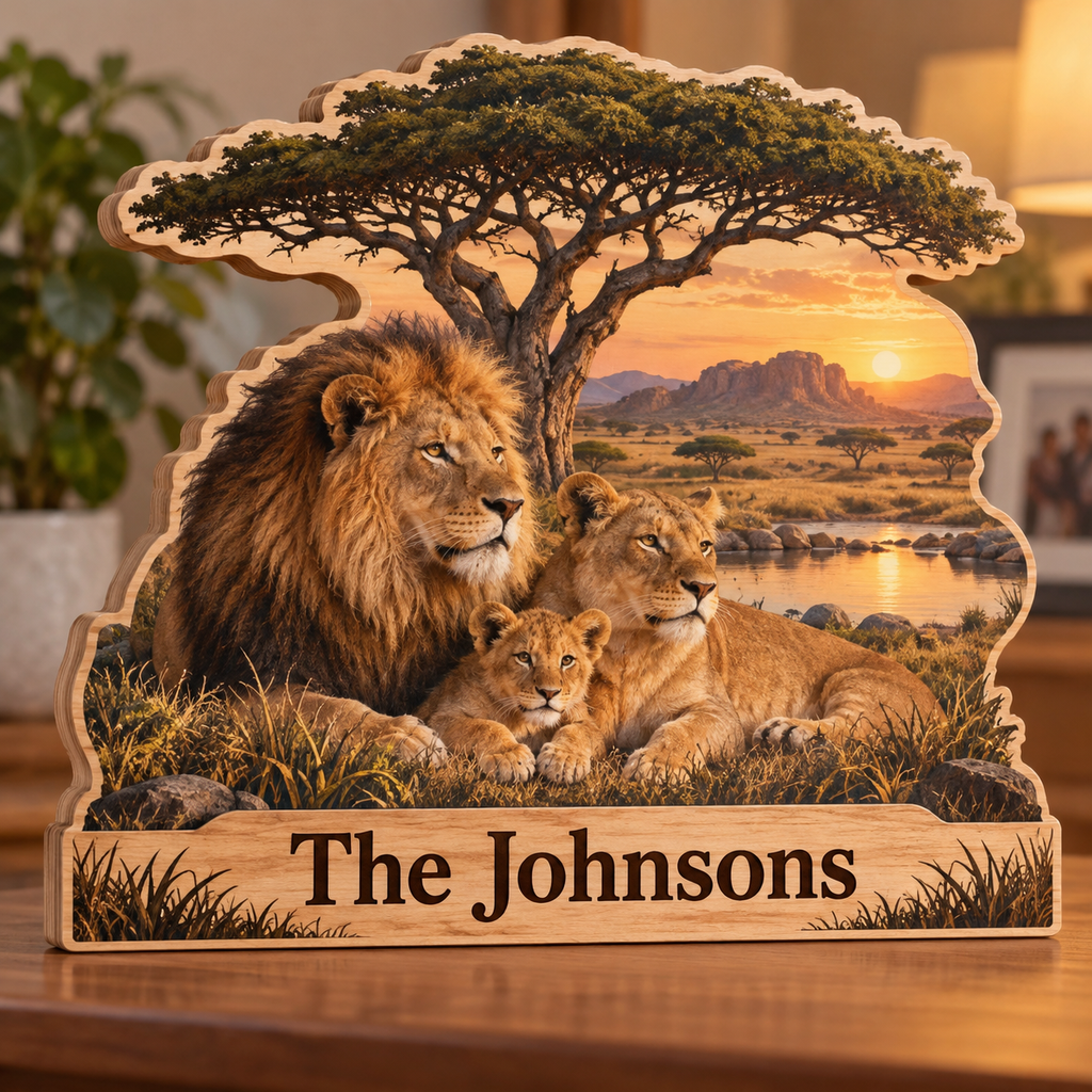 Lion Family Acacia Savannah Personalized Wooden Block; example personalization The Johnsons